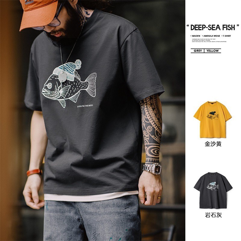 เครื่องมือที่ทันสมัย American Retro Deep Sea Fish Flocking พิมพ์เสื้อยืดสัตว์ผ้าฝ้ายแท้รอบคอแขนสั้นเสื้อยืดผู้ชายฤดูร้อน