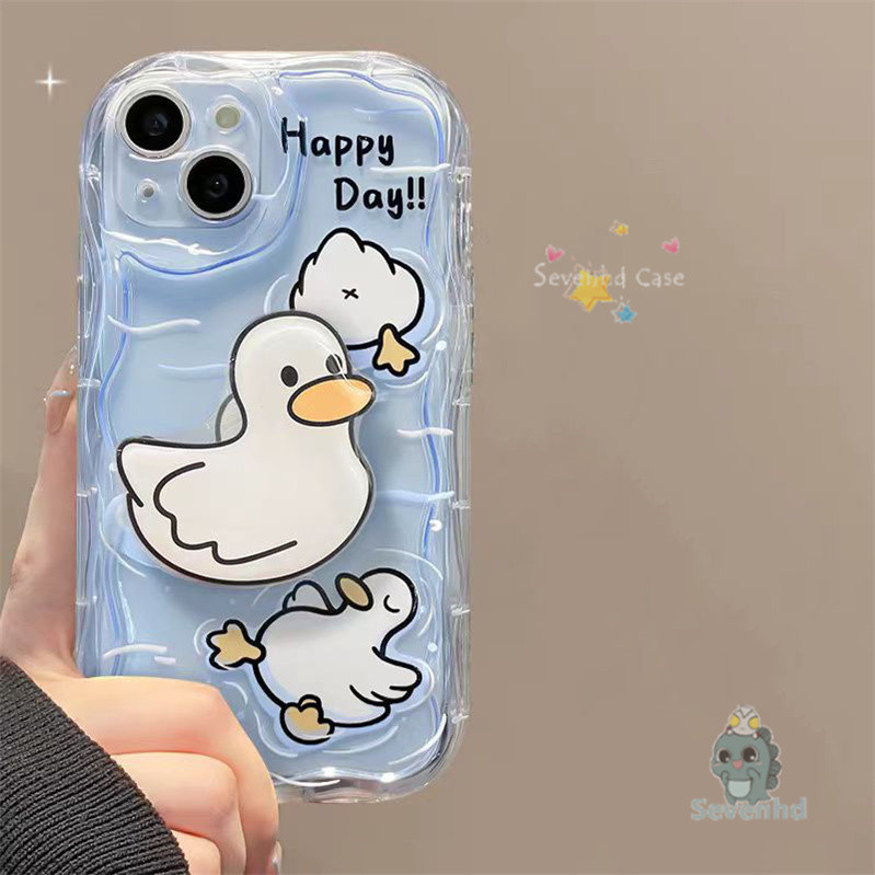 ปลอกเข้ากันได้สําหรับiphone 15 14 13 12 11 Pro Max X Xr Xs 8 7 6 Plus SE 2020 Insการ์ตูนน่ารักเป็ดสวัสดีปีใหม่เคสโทรศัพท์พร้อมวงเล็บ3Dขอบคลื่นปกอ่อน
