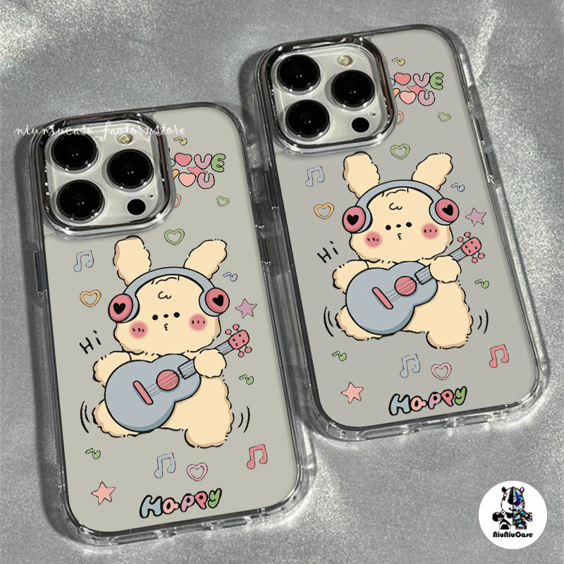 สำหรับ iPhone 13 12 14 11 15 Pro Max XR X Plus XS SE 7 การ์ตูนเพลงกระต่ายลายกรอบรูปโลหะกรณีโทรศัพท์เลนส์ป้องกันน่ารัก