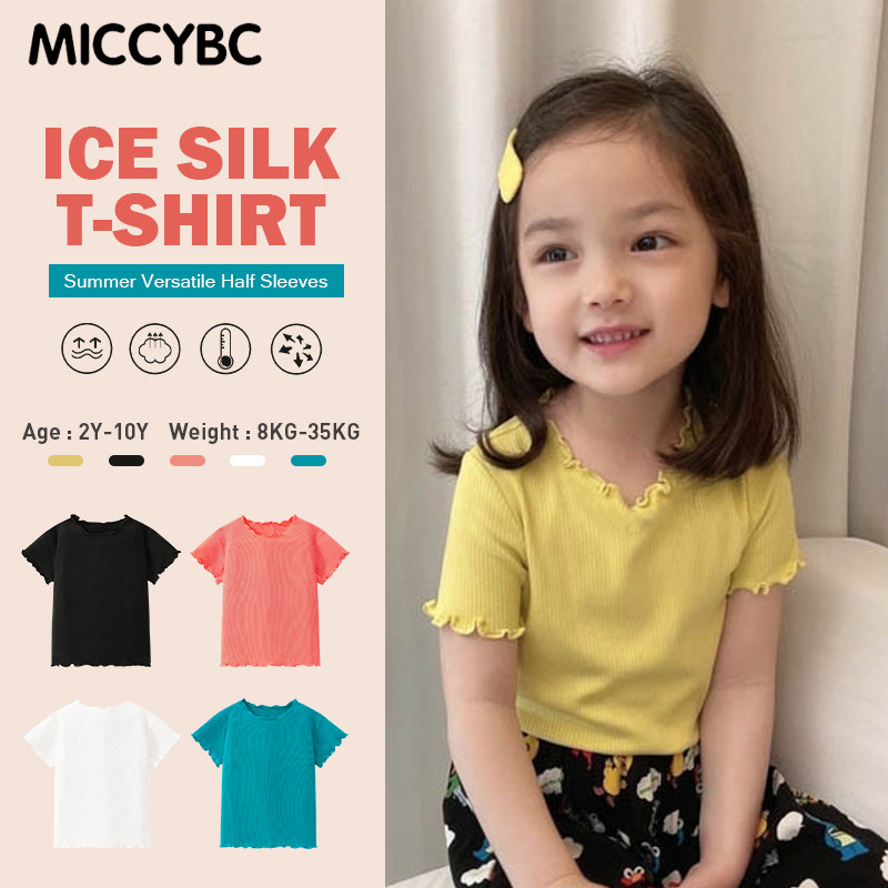 [MICCYBC ] 2-10Y ผู้หญิงแขนสั้น เสื้อยืดสีทึบ สีลูกกวาด เหมาะสำหรับฤดูร้อน