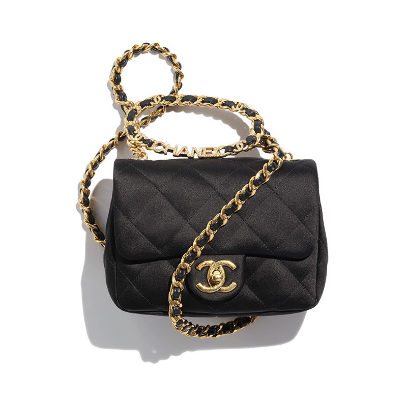 Chanel/Chanel women's black satin chain with rhinestone brand name gold metal mini hand-held crossbody bag
