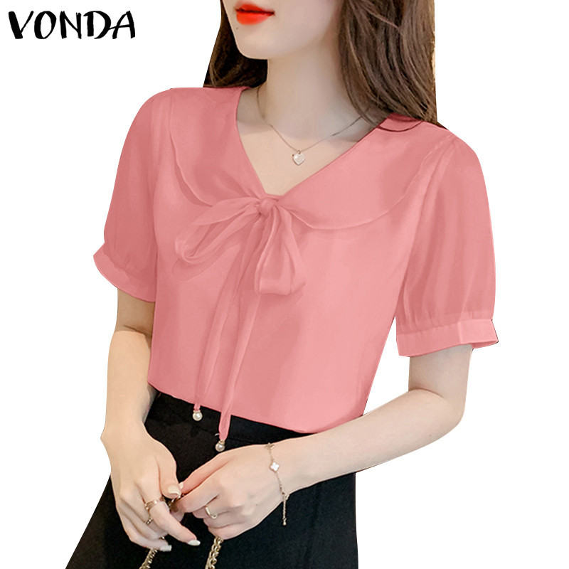 Vonda ผู ้ หญิงเกาหลี Casual Tie คอวีแขนสั ้ นแฟชั ่ นสีทึบเสื ้ อ