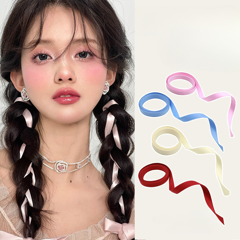 1pc 2M สีชมพูสาวผมหางม ้ าคู ่ Tie ผมริบบิ ้ น Headdress สีขาว Tie Bow Streamer Braid ผมสายไฟ