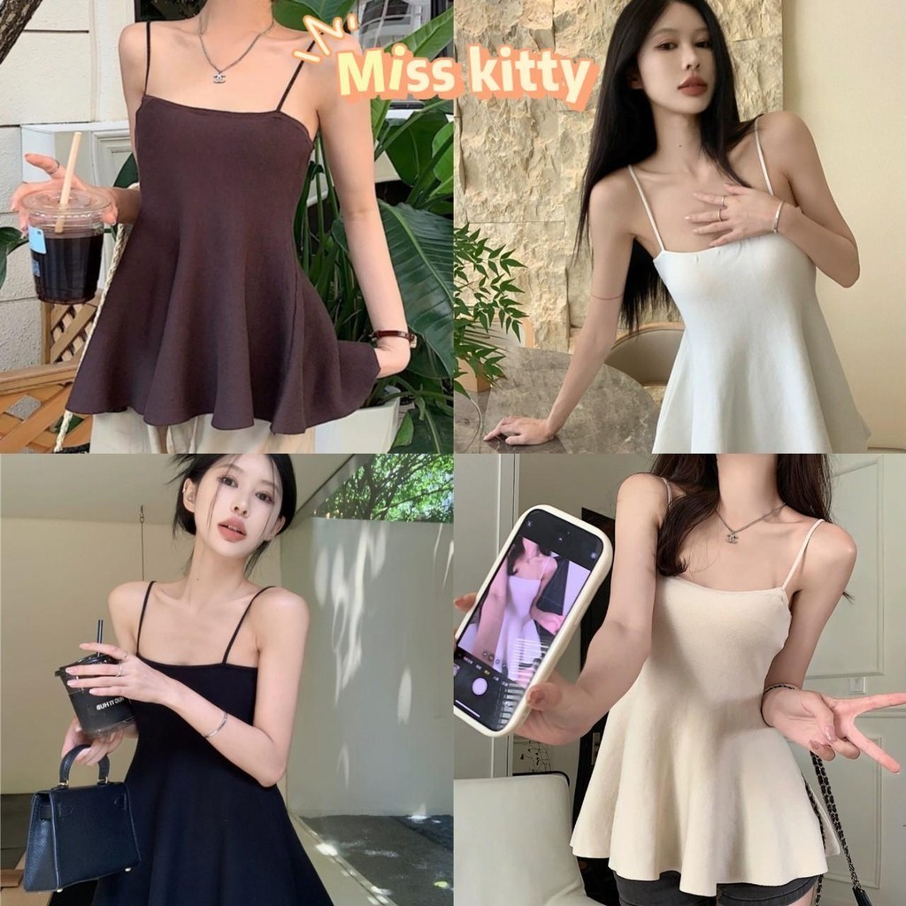 Miss Kitty🔥พร้อมส่ง🔥ท่านหญิงเสื้อสายเดี่ยวไหมพรม ใส่สบายสีพื้น *7686 -C*