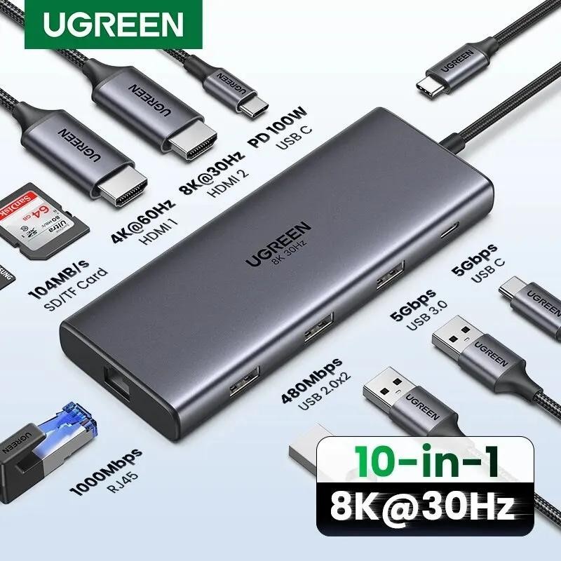 Ugreen Usb HUB 8K อะแดปเตอร์ HDMI 10 in 1 Splitter พร้อม RJ45 Usb3.0 PD 100W HUB Dock สําหรับ MacBook Pro Air M2 M1 Usb C HUB