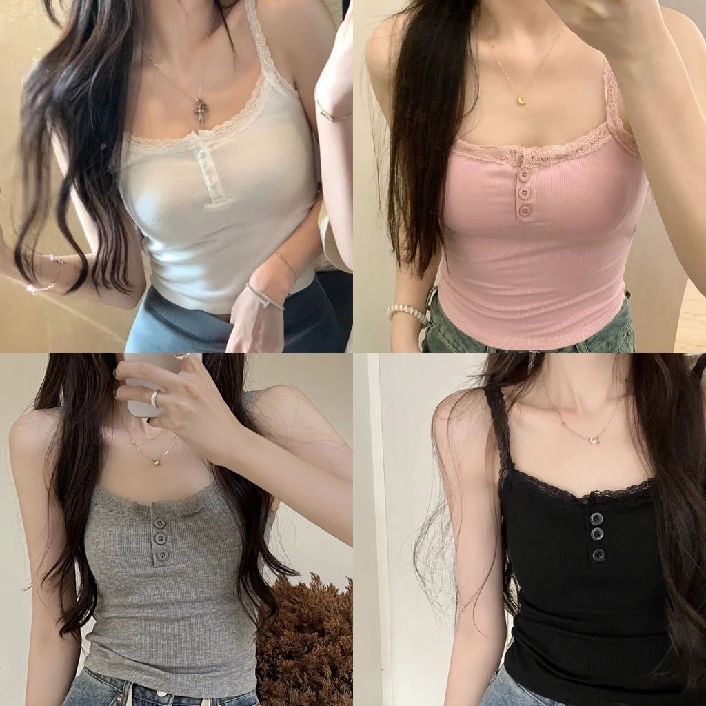 🌸Evelyn🌸เสื้อสายเดี่ยว ลูกไม้ มีฟองน้ำ เข้ารูป ครอปกล้าม ผ้านิ่ม🍓ชุดไปทะเล น่ารักและเซ็กซี่🍓#OJ0111