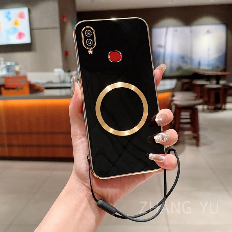 ปลอก Samsung A10S M10S เคสโทรศัพท์ TPU ซิลิโคนขอบตรง Electroplated Magnetic Absorption Circle Shock Absorbing Hand Cord Soft Case