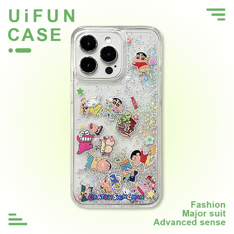 Glitter น่ารัก Crayon Shin-chan Puppy Slider Quicksand เคสโทรศัพท์สําหรับ iPhone 16 17 Air 15 14 Plus 13 12 11 Pro Max Xs Xr อะคริลิคปกหลังกันกระแทกปลอก