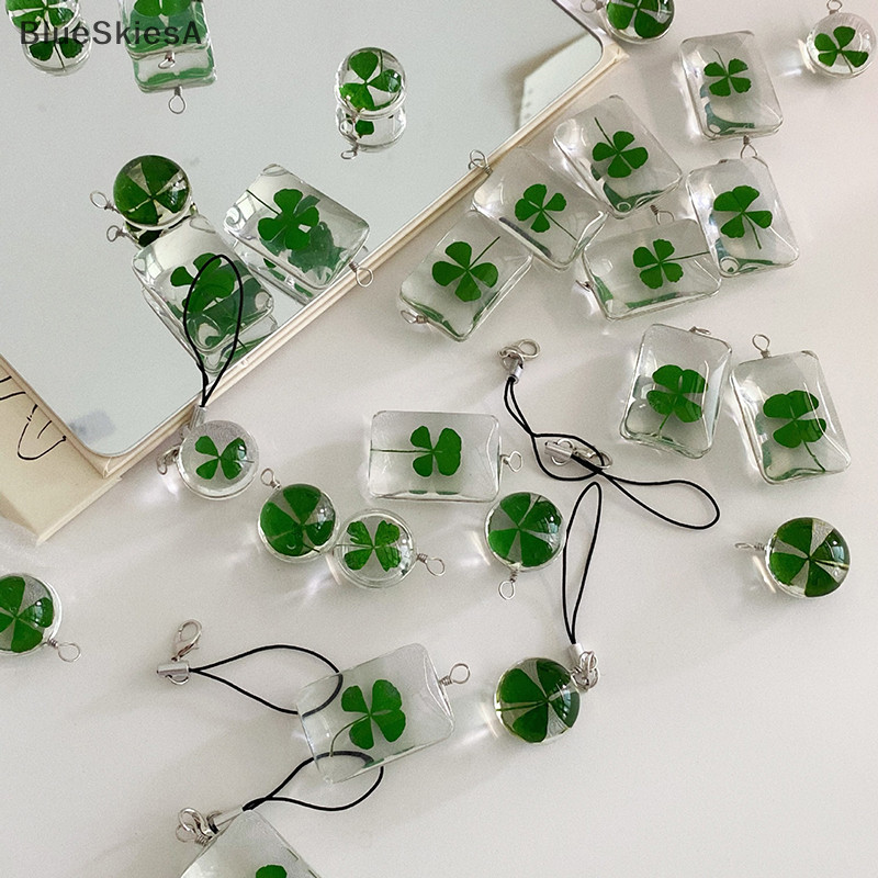 Bl สีเขียว Lucky Four Leaf Clover พวงกุญแจ Lucky Clover โทรศัพท์ Lanyard แก้วจี้พวงกุญแจอุปกรณ์เสริมของขวัญ A