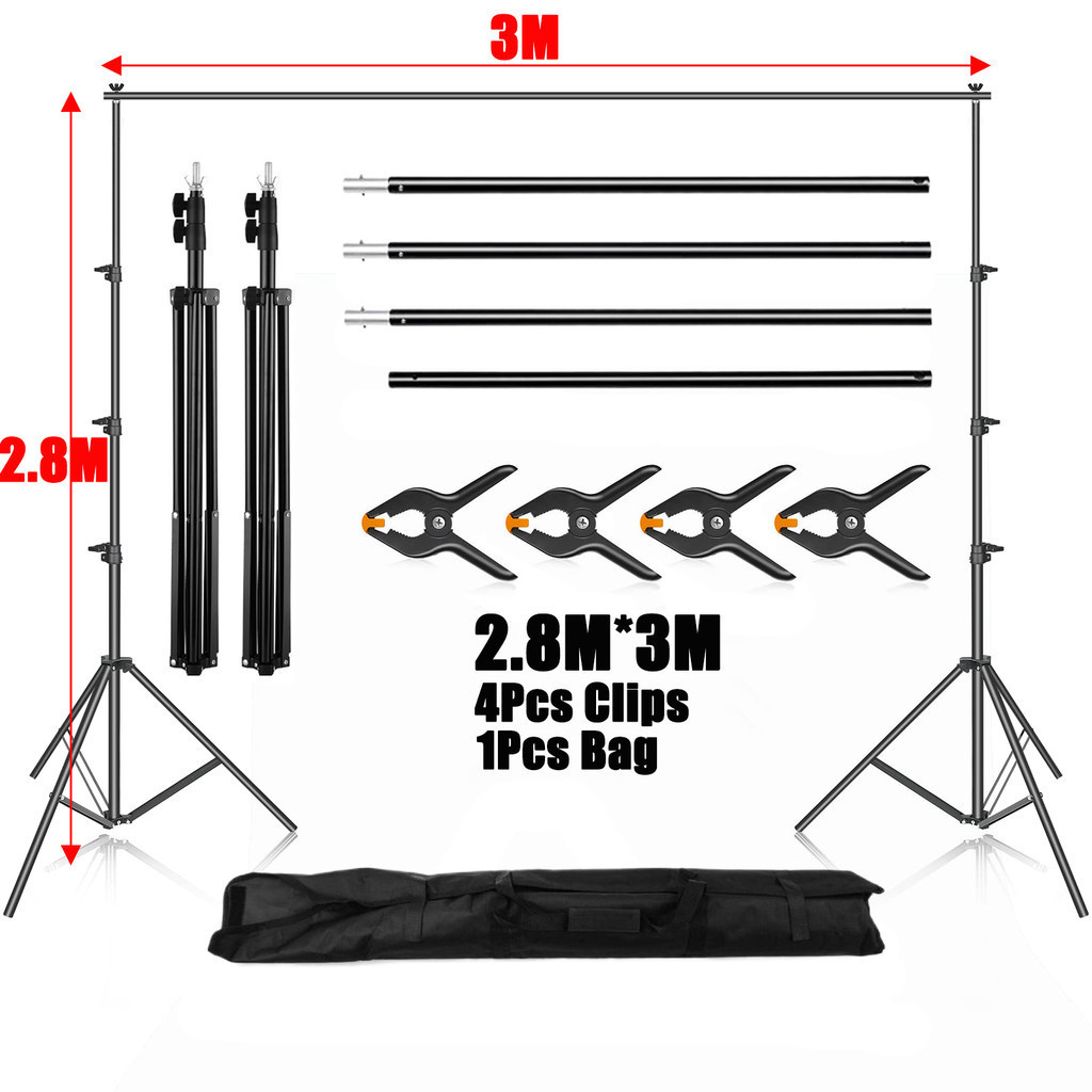 Photo Studio 2.8x3m Backdrop Stand Photography Background Support Tripod System Kit with Clips & Carrying Bag