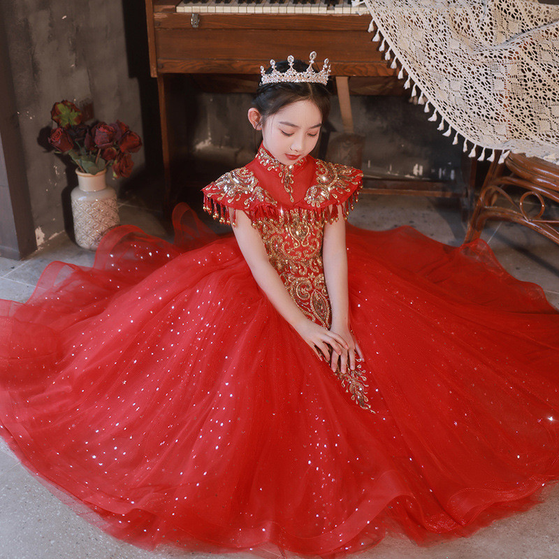 ชุดราตรีระดับไฮเอนด์สีแดงสําหรับเด็ก poncho ผ้ากอซ China-Chic ชุดเดรสแคทวอล์คสําหรับเด็กผู้หญิงชุดเจ้าหญิง E341
