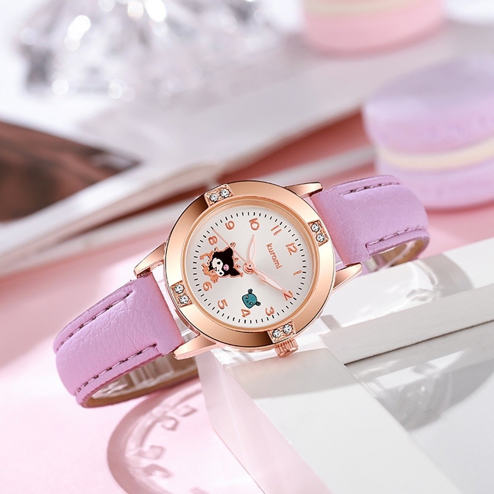 Sanrio Kuromi Melody นาฬิกาควอตซ์สําหรับเด็กผู้หญิง Hello Kitty Cinnamoroll Rose Gold Diamond Stundet นาฬิกาสําหรับเพื่อน