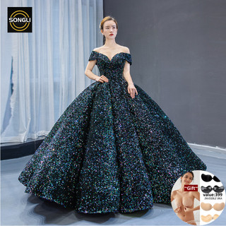 European and American sequin ball gown bride's wedding gown 2024 color changing off shoulder sequin party dress