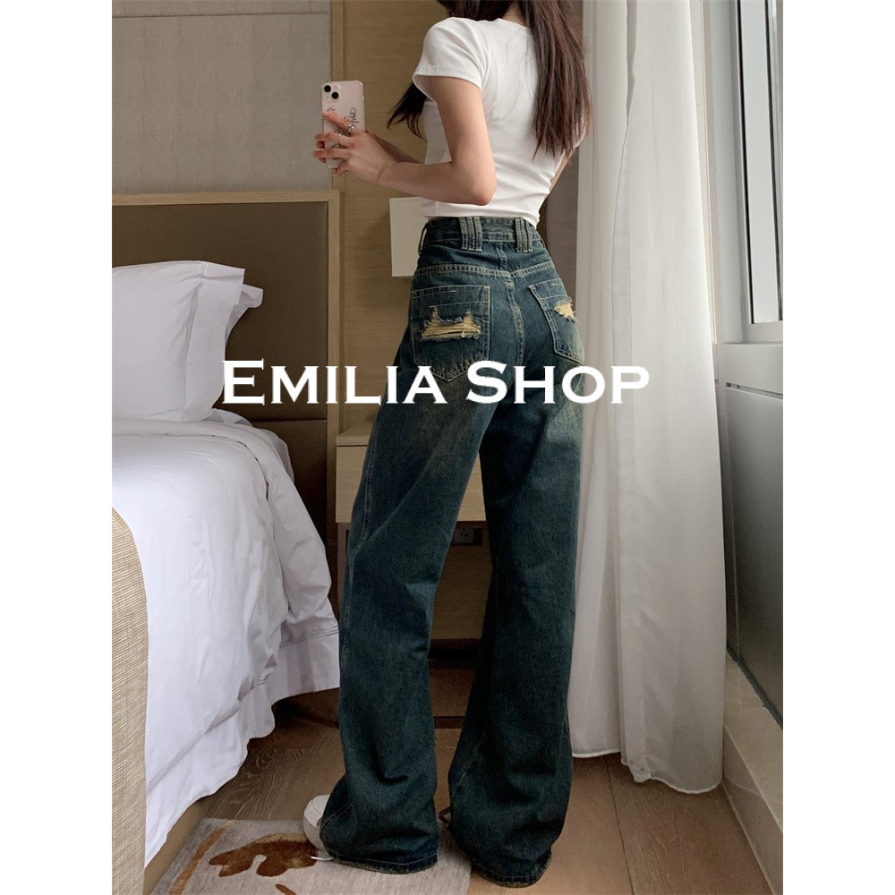 EMILIA SHOP กางเกงยีนส์ผู้หญิง กางเกงยีนส์ขาสั้น ชิค แฟชั่น เท่ ทันสมัย WNK244059U 23Z240608
