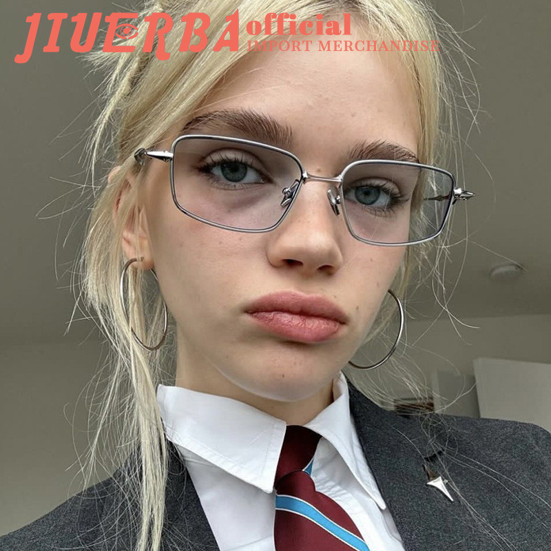 JIUERBA คลาสสิกโลหะสแควร์ชายและหญิงแว่นกันแดดแฟชั่นผู้หญิงกรอบเล็กกรอบแคบป้องกันแสงสีฟ้าแว่นตาย้อนยุค