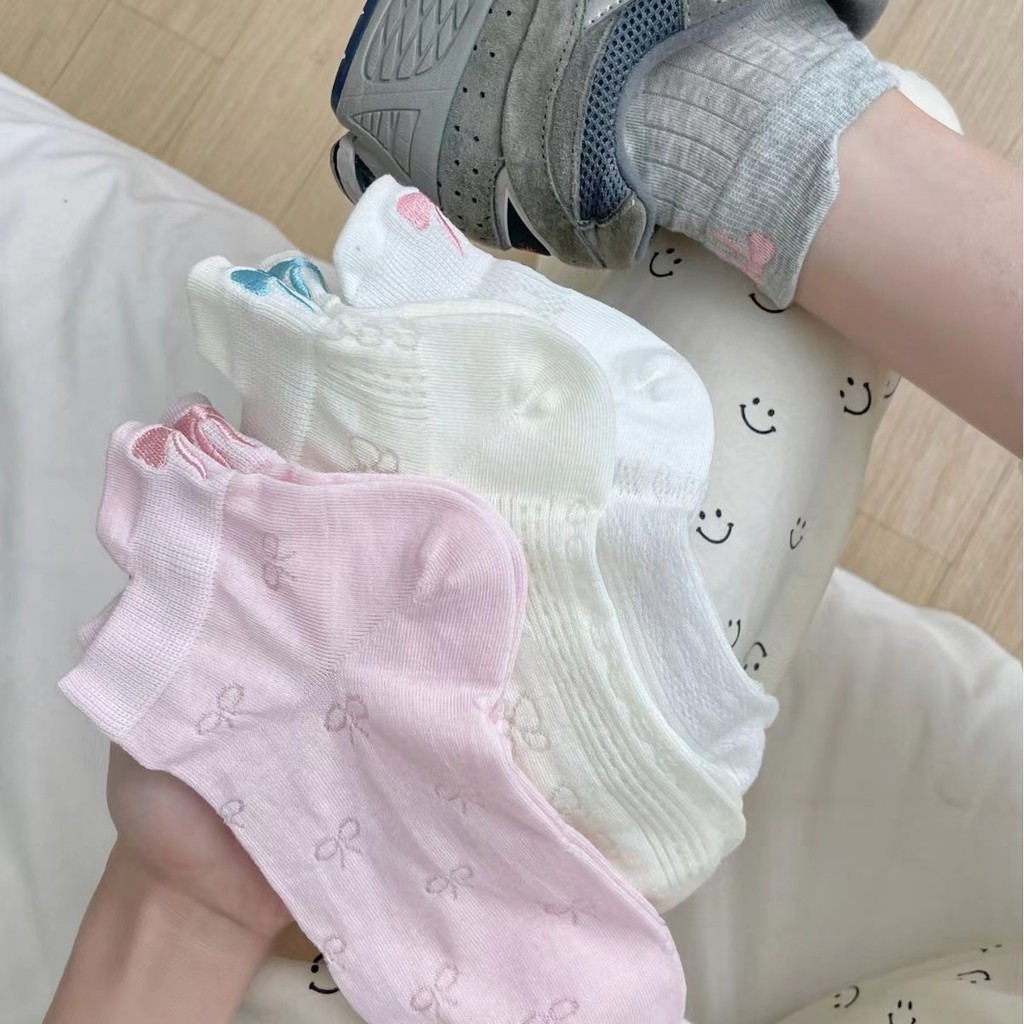 โบว์ถุงเท้าผู้หญิงฤดูร้อนถุงเท้าบางเวอร์ชั่นเกาหลีญี่ปุ่นน่ารักตาข่ายระบายอากาศสีขาวถุงเท้าเรือฤดูร้อน อิน