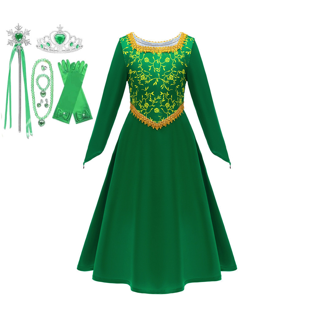เด็ก Fiona Shrek คอสเพลย์เครื่องแต่งกายชุดเจ้าหญิงสําหรับสาวสีเขียวชุดฮาโลวีน Carnival Roleplay