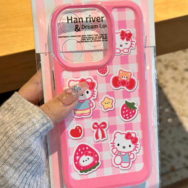 Checkered Strawberry Hello Kitty Pattern เคสซิลิโคนใสเคสโทรศัพท์เหมาะสําหรับ iPhone x/xs/xr/xsmax/7/8plus/11Promax/12/13/14Promax/15 Shock-resistant All-Included เคสป้องกัน