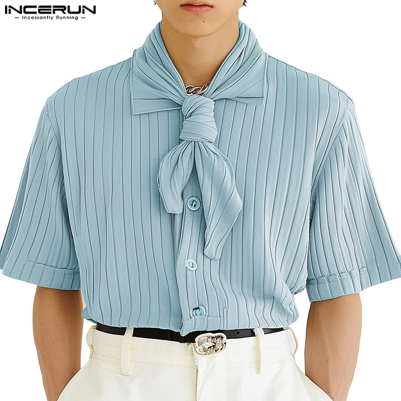 Incerun เสื ้ อยืดครึ ่ งแขนลายทางเกาหลีสําหรับผู ้ ชาย
