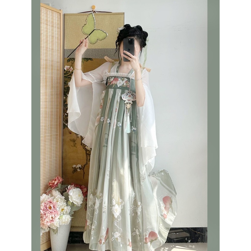 Hanfu [พีชอบอุ ่น] Hanfu หญิง Tang ทํากระโปรงยาวเต ้ านมพิมพ ์ ชุดองค ์ ประกอบจีนสไตล ์ นางฟ ้ าชุดฤดูร ้ อนฤดูใบไม ้ ผลิ