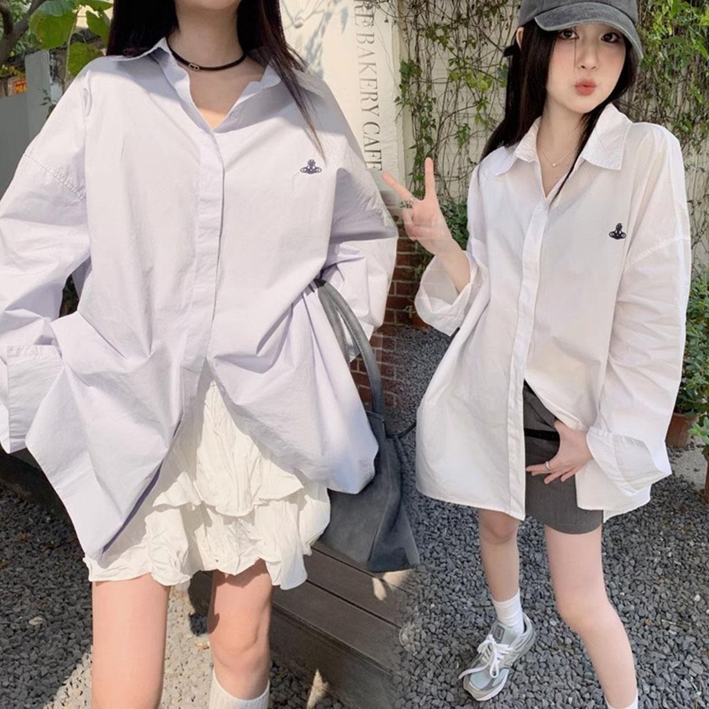MIMI&DIDI เสื้อเชิ้ตลำลองผู้หญิง เสื้อแฟชั่นผู้หญิง เกาหลีทรงหลวมแขนยาวปักลายกระต่าย 2 สีพาสเทล#W409