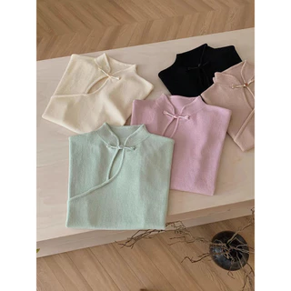 Gakki เสื้อยืดแขนสั้นสไตล์จีนปุ่มแผ่นดิสก์คอปกผู้หญิง Hollow Flying Sleeve Top พร้อมส่ง 2145#
