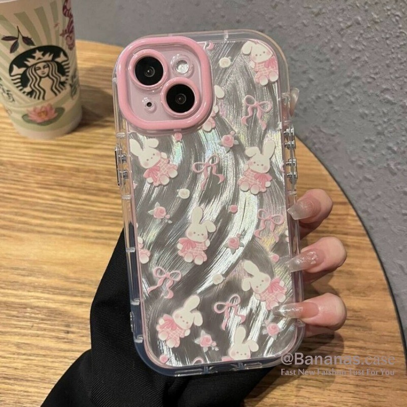 Iphone 16 15 14 13 12 11 Pro Max X Xr Xs Max 7 8 Plus SE2020 เคสโทรศัพท์การ์ตูนกระต่ายสีชมพูโบว์ Blingฝาครอบโทรศัพท์นุ่ม
