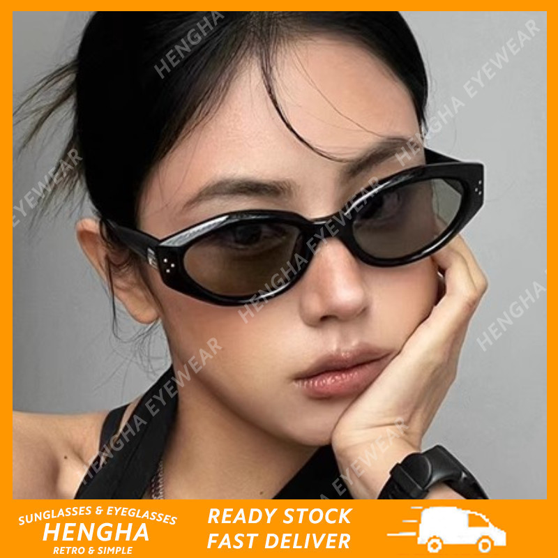 (HENGHA แฟชั ่ นเกาหลี Cat Eye แว ่ นกันแดดกรอบสีดําแฟชั ่ นคลาสสิกแว ่ นกันแดดม ่ านบังแดด