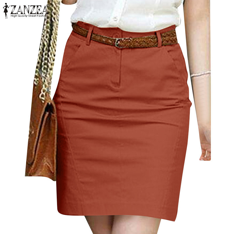 Zanzea ผู ้ หญิงวินเทจแฟชั ่ นกระเป ๋ าด ้ านข ้ างซิปสีทึบ Overskirts