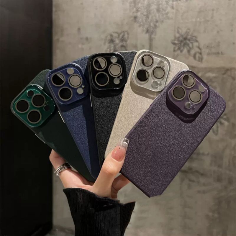 Galss เลนส์กล้องฟิล์มปลอกลิ้นจี่หนังเคสโทรศัพท์สําหรับ iPhone 11 12 13 14 15 Pro Max กันกระแทกป้องกันปกหลัง