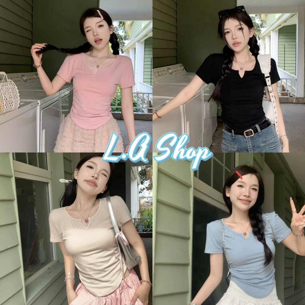 L.A Shop​-​พร้อมส่ง เสื้อยืด คอวี แขนสั้น มีฟองน้ำ ดีเทลสีพาสเทล ใส่ง่าย "FY5023-S"