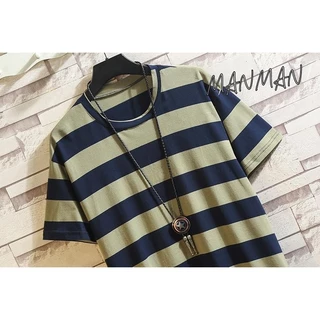 MANMAN เสื้อเชิ้ตแขนสั้นลายทางหนา ใส่ได้ทั้งชายและหญิง เสื้อยืดคอกลมลายทาง