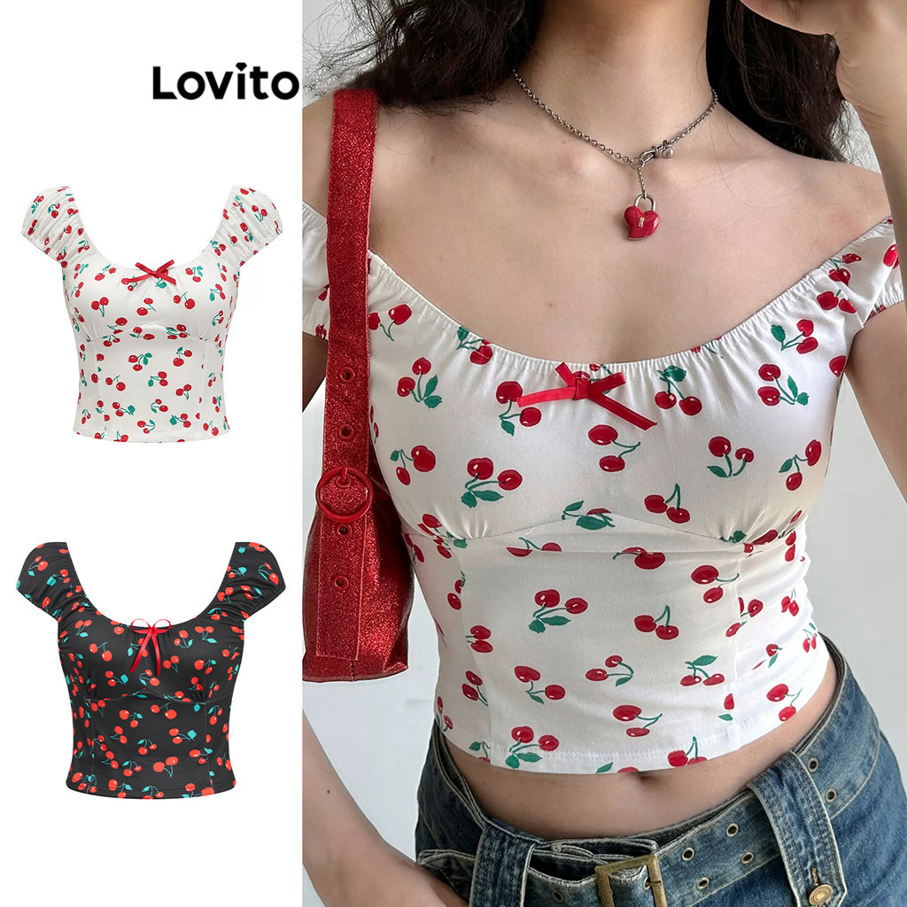 ซื้อ Lovito เสื้อเปิดไหล่ผู้หญิง พิมพ์ลายเชอร์รี่ แต่งโบว์ สไตล์โบโฮ L80ED120(หลากสี)