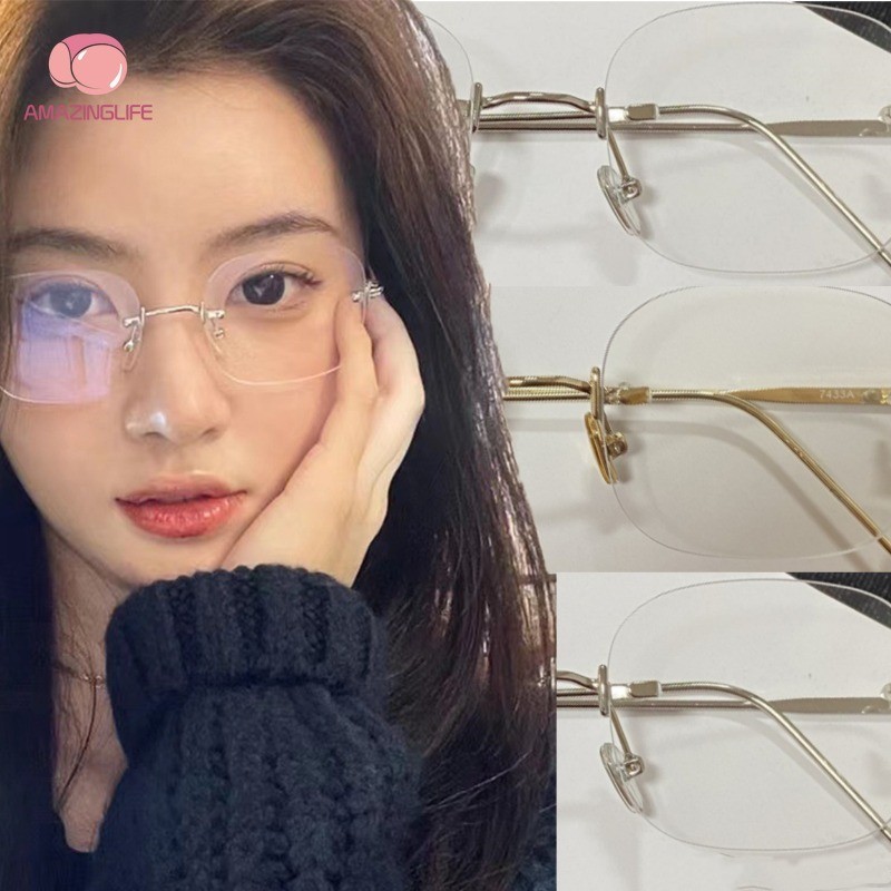 1ชิ้นสไตล์เกาหลีแฟชั่นกรอบแว่นตารูปไข่-สําหรับผู้หญิงสาวที่เรียบง่ายย้อนยุคไม่มีขอบแว่นตา-เงินกรอบแว่นตาขนาดเล็ก