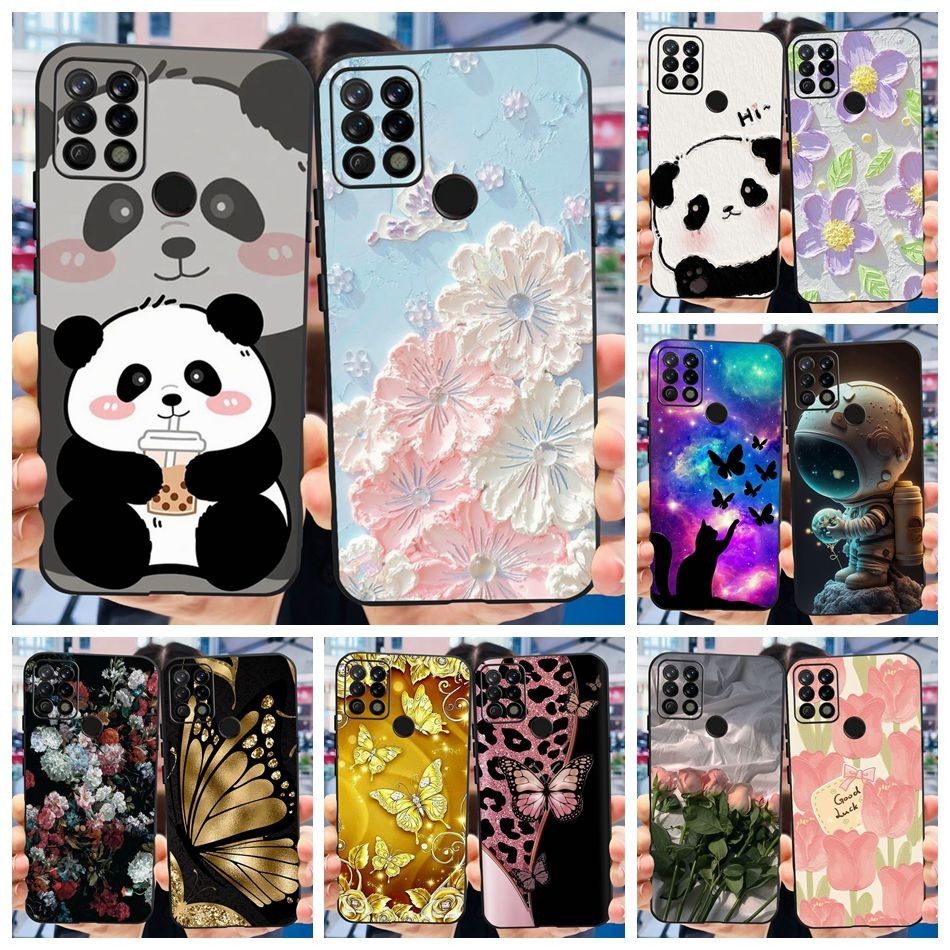 Tecno Pova น่ารักแพนด้าดอกไม้ทาสีปลอก Tecno Pova LC7 LD7 LD7j ซิลิโคนอ่อนนุ่มสีดําเคสโทรศัพท์สี
