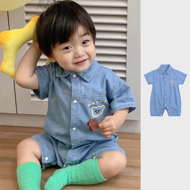 ชุดจั๊มสูทเด็กฤดูร้อนหมีน่ารักพิมพ์นุ่มแขนสั้นผ้ายีนส์ ชุดรอมเปอร์ 0-2 ปีเสื้อผ้าเด็ก
