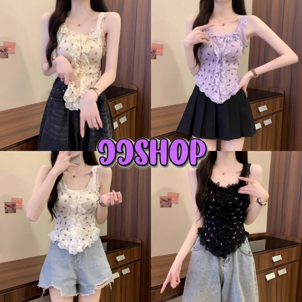 JJ Shop​ ​พร้อมส่ง เสื้อกล้ามไหมพรม น่ารักมาก ดีเทลลวดลายโบว์ทั้งตัว รอบลูกไม้ "95149-1"