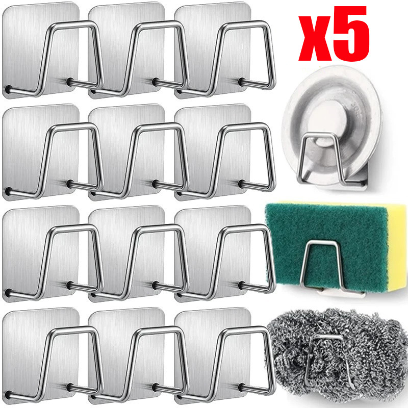 1-5ชิ้นกาวตนเองผู้ถือฟองน้ําสแตนเลส-อ่างล้างจานท่อระบายน้ําอบแห้งฟองน้ําชั้นวาง-อเนกประสงค์ผนังตะขอเก็บ