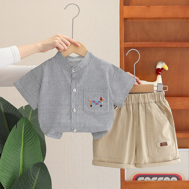 เด็กวัยหัดเดินฤดูร้อนชุดเด็กผู้ชายสไตล์เกาหลีลายคอปกเสื้อแขนสั้น + กางเกงขาสั้นเสื้อผ้าเด็กผู้ชายชุด - รูปที่ 2