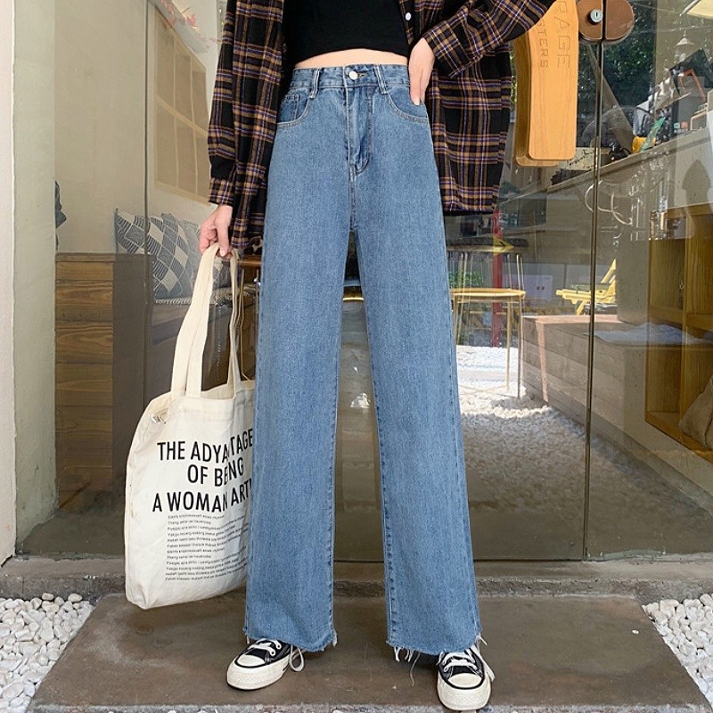 Suysuy พร้อมส่ง กางเกงยีนส์ขายาว เอวสูง ทรงกระบอก แต่งขาดรุ่ยปลายขา กระเป๋าหน้าหลัง 2 ข้าง แมทซ์ลุคง่าย สำหรับผู้หญิง