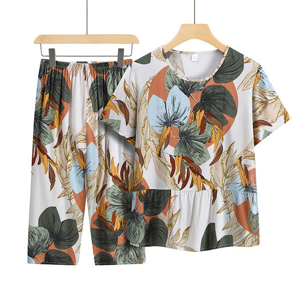เสื้อคนแก่ ชุดคุณแม่วัยกลางคนและวัยสูงอายุชุดลำลองแบบใหม่ฤดูร้อนชุดคุณยายเสื้อแขนสั้นชุดสองชิ้นหญิงช