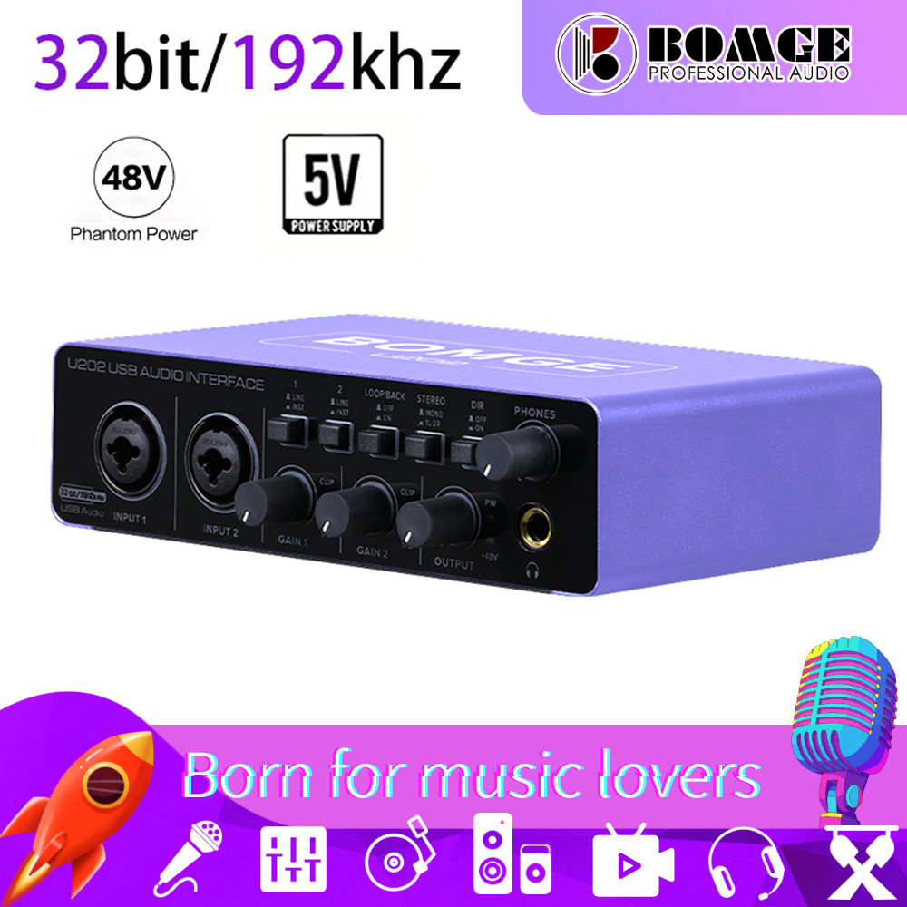 Bomge ใหม่ U202 อินเทอร์เฟซเสียงการ์ดเสียง 24 บิต/192kHz Ad Converter, กีตาร์ไฟฟ้าการบันทึกสดอาชีพ Eler สตูดิโอร้องเพลง, Podcast