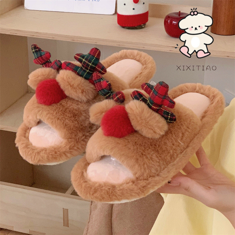 Xixtiao คริสต์มาส Elk Furry รองเท้าแตะผู้ชายผู้หญิงบ้านในร่มลื่นรองเท้าแตะผ้าฝ้ายน่ารักคู่