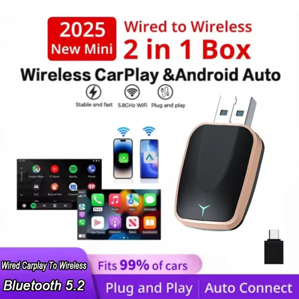 ใหม่เชื่อมต่อกับ CarPlay ไร้สายและ Android Auto 2in1 อะแดปเตอร์ขนาดเล็ก 5GHz WiFi5 ทํางานร่วมกับ CarPlay/รถยนต์แบบมีสายดั้งเดิม 99%