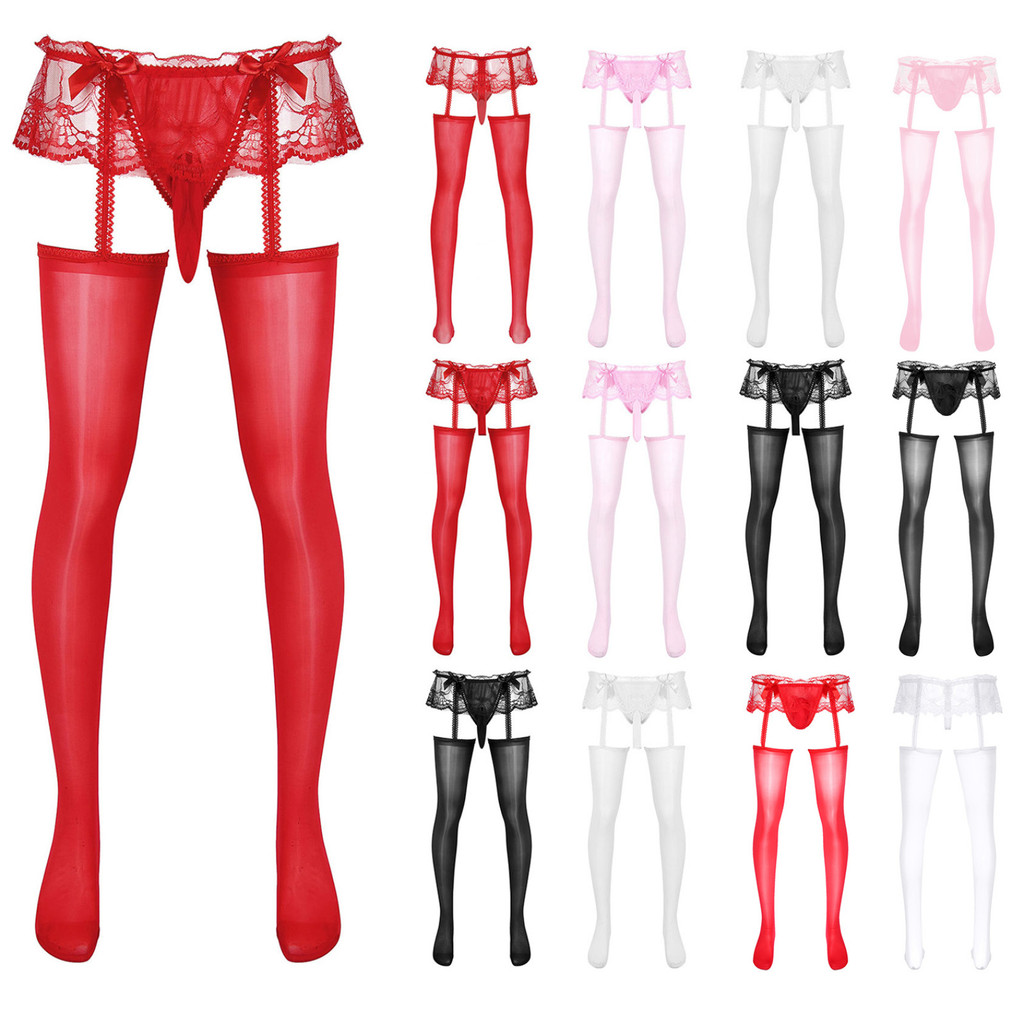 Yeahdor Mens Sheer Lace Skirted Cutout Pantyhose Glossy Garters ถุงน่องดูผ่านชุดนอน
