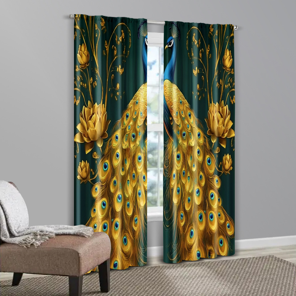 แนะนำ ผ้าม่าน 2ชิ้น ผ้าม่าน ม่านม้วน 2ง พิมพ์นกยูงสีทองพิมพ์โพลีเอสเตอร์ทนทาน (ไม่มีก้าน) ใช้วันหยุดสําหรับประเภทห้องต่างๆ ราคาพิเศษ มีเก็บเงินปลายทาง