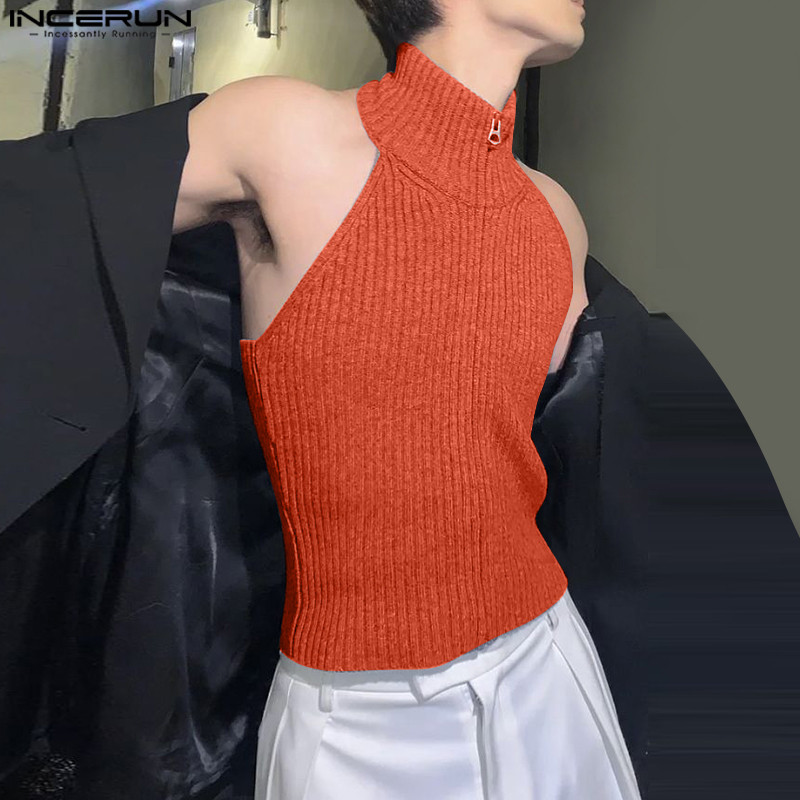 ไม่แน่นอน ผู้ชายเกาหลีลําลองคอตั้งแขนกุดซิปเสื้อกล้าม