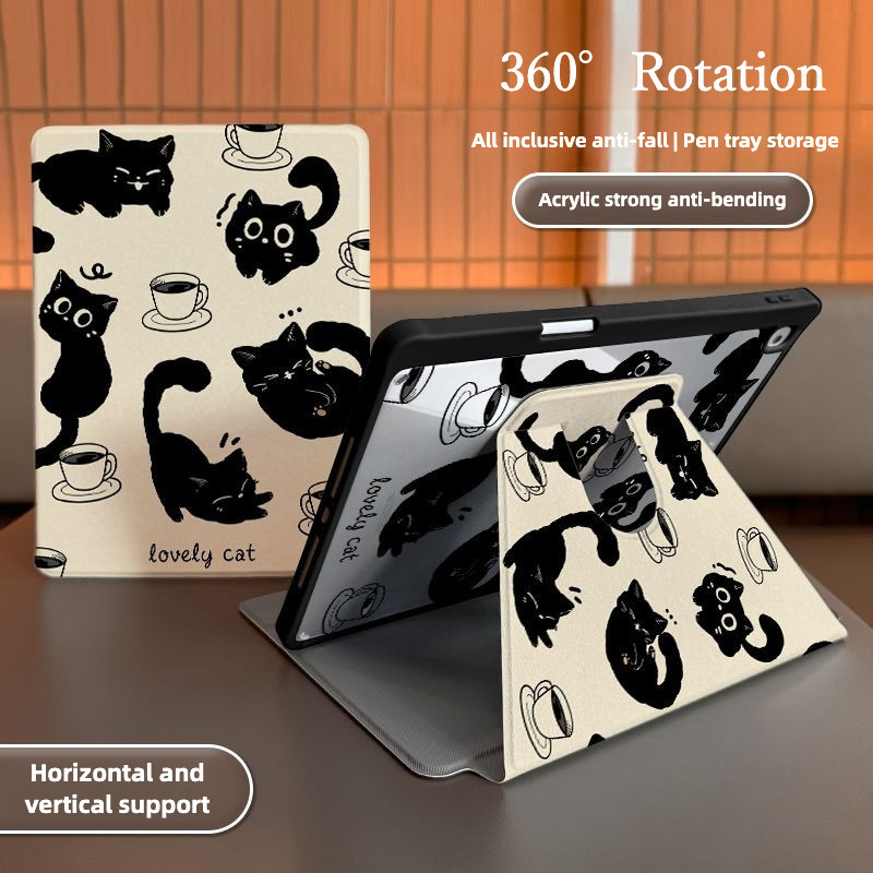 [Air 4/5/6] ปรับได้ 360 องศาสําหรับ iPad เคสป้องกันกาแฟอะคริลิคแมวดําพร้อมที่วางปากกาเหมาะสําหรับ Pad Air 3 Air 2 Gen 5 Air (13 นิ้ว) Gen 6 Air 1 Gen 9/8