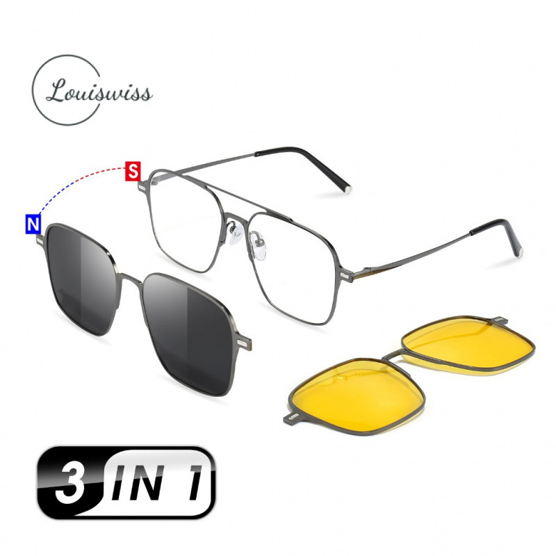 Louiswiss 3 In 1 แว่นกันแดดผู้ชายโพลาไรซ์ เลนส์แม่เหล็ก Night Vision กรอบแฟชั่น Anti-UV 3 เลนส์ Unisex