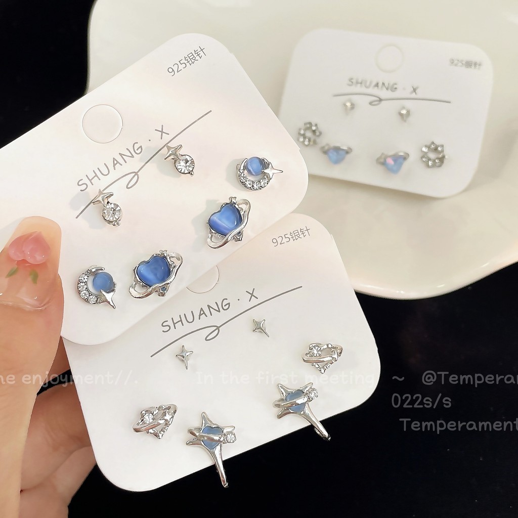 Blue Starry Sky ต่างหูเข็มเงินผู้หญิงเวอร์ชั่นเกาหลี Love ต่างหูโอปอลชุด Cool สไตล์ Niche Design ต่างหูประณีต